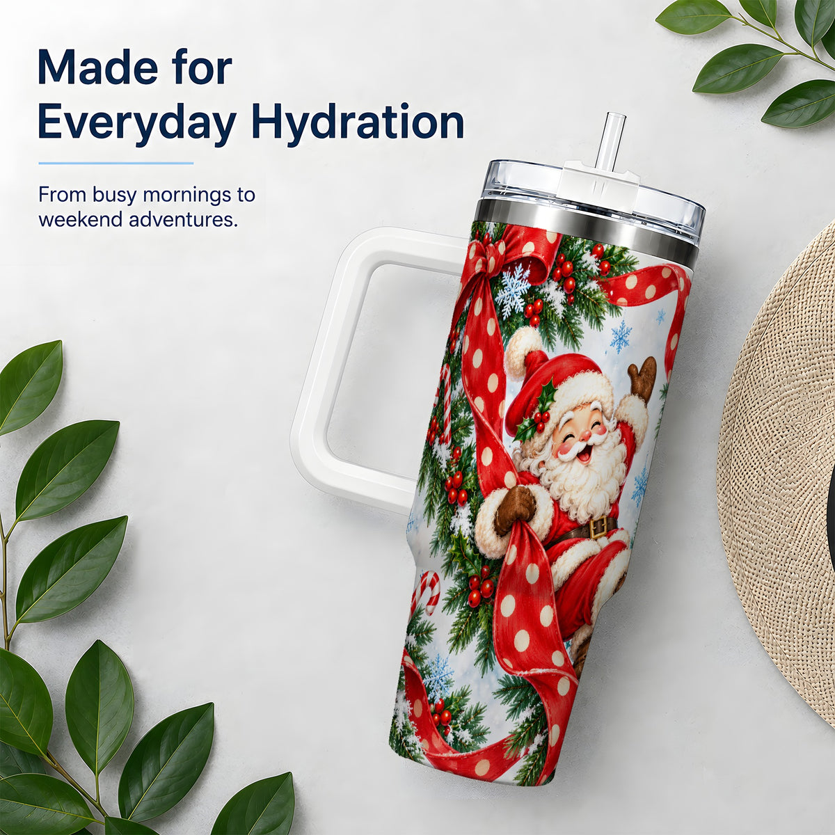 Jolly Santa Claus 40oz Handled Tumbler, Festive Christmas Bow Artwork