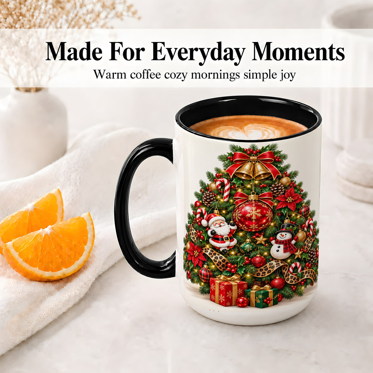 #pl[15oz|Black] Leopard Ribbon Christmas Tree Ceramic Mug, Santa Snowman Artwork