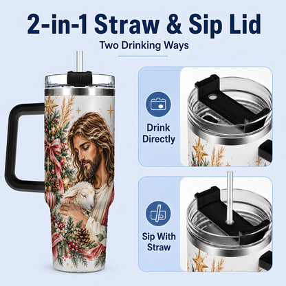 #pl[40oz|Black] Jesus Good Shepherd 40oz Handled Tumbler, Christian Holiday Design