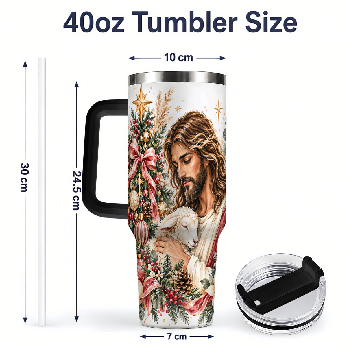 #pl[40oz|Black] Jesus Good Shepherd 40oz Handled Tumbler, Christian Holiday Design