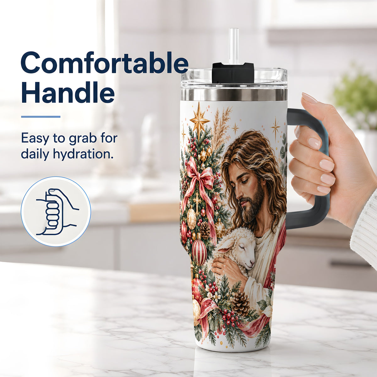 #pl[40oz|Black] Jesus Good Shepherd 40oz Handled Tumbler, Christian Holiday Design