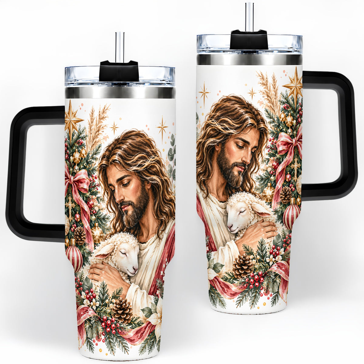 #pl[40oz|Black] Jesus Good Shepherd 40oz Handled Tumbler, Christian Holiday Design