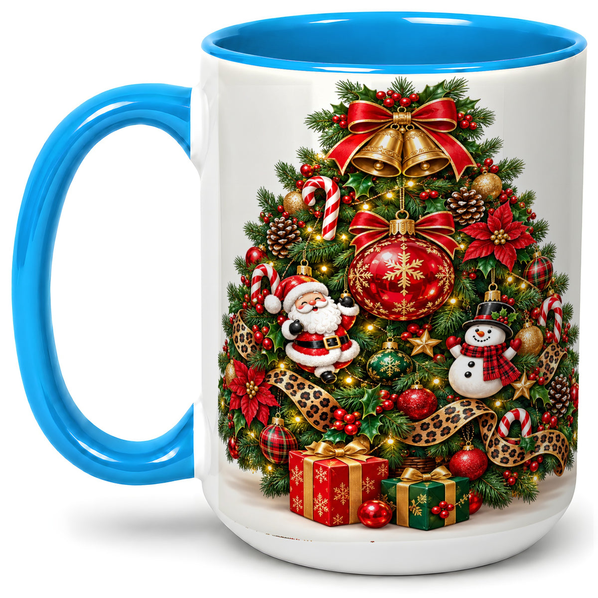 #pl[15oz|Blue] Leopard Ribbon Christmas Tree Ceramic Mug, Santa Snowman Artwork