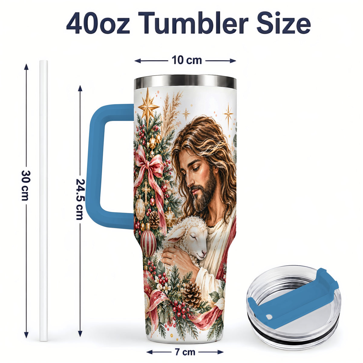 #pl[40oz|Blue] Jesus Good Shepherd 40oz Handled Tumbler, Christian Holiday Design