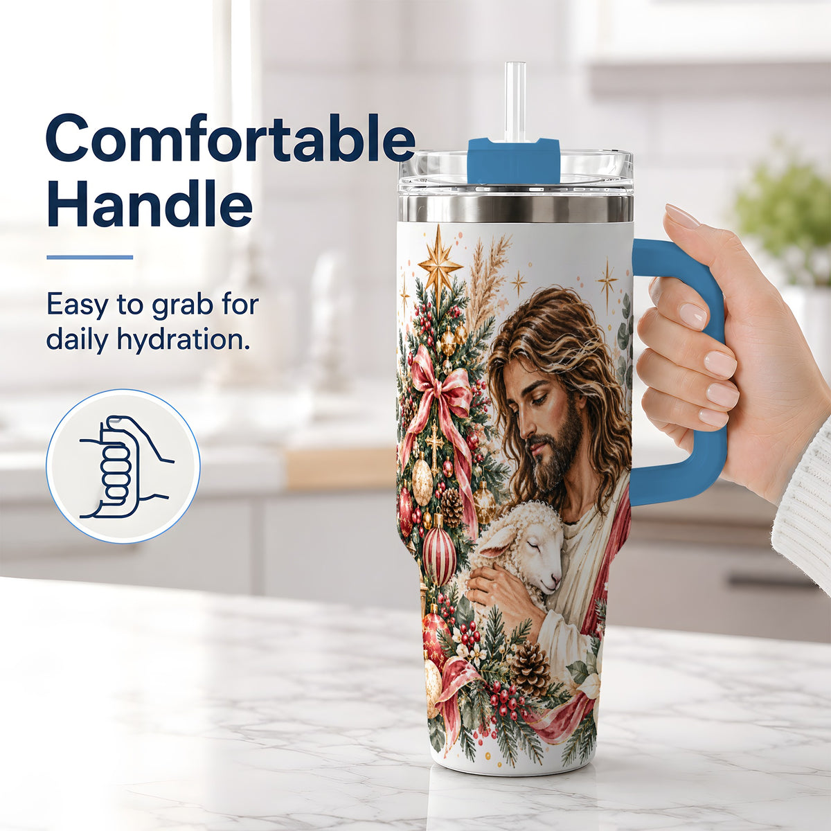 #pl[40oz|Blue] Jesus Good Shepherd 40oz Handled Tumbler, Christian Holiday Design