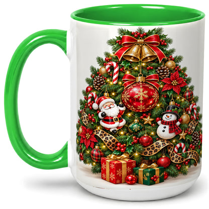 #pl[15oz|Green] Leopard Ribbon Christmas Tree Ceramic Mug, Santa Snowman Artwork