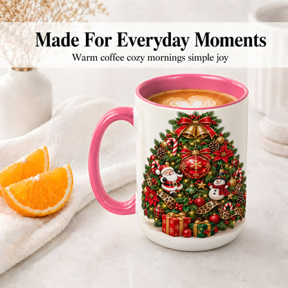 #pl[15oz|Pink] Leopard Ribbon Christmas Tree Ceramic Mug, Santa Snowman Artwork
