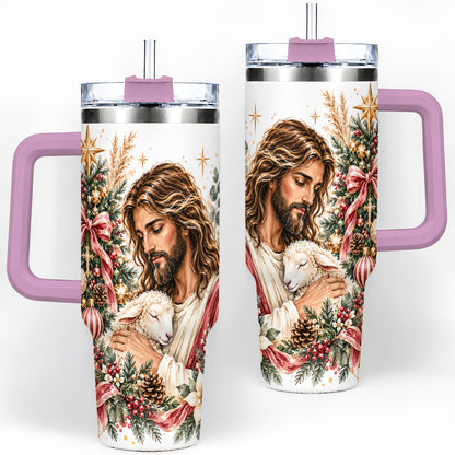#pl[40oz|Pink] Jesus Good Shepherd 40oz Handled Tumbler, Christian Holiday Design