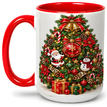 #pl[15oz|Red] Leopard Ribbon Christmas Tree Ceramic Mug, Santa Snowman Artwork