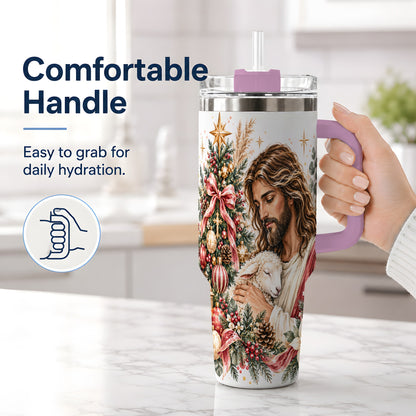 #pl[40oz|Pink] Jesus Good Shepherd 40oz Handled Tumbler, Christian Holiday Design