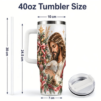 #pl[40oz|White] Jesus Good Shepherd 40oz Handled Tumbler, Christian Holiday Design