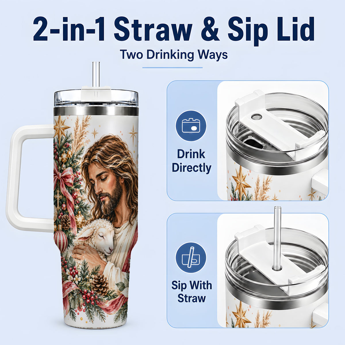 #pl[40oz|White] Jesus Good Shepherd 40oz Handled Tumbler, Christian Holiday Design