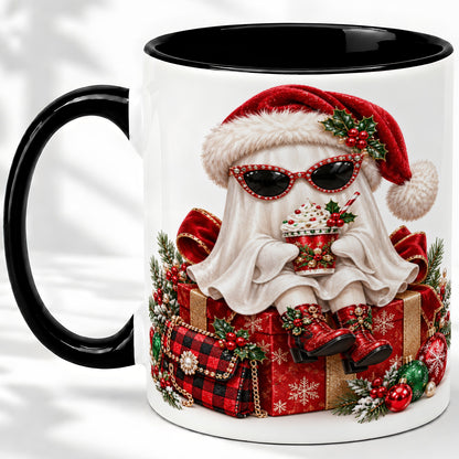 #pl[11oz|Black] Christmas Ghost Ceramic Mug, Santa Hat and Sunglasses Holiday Art