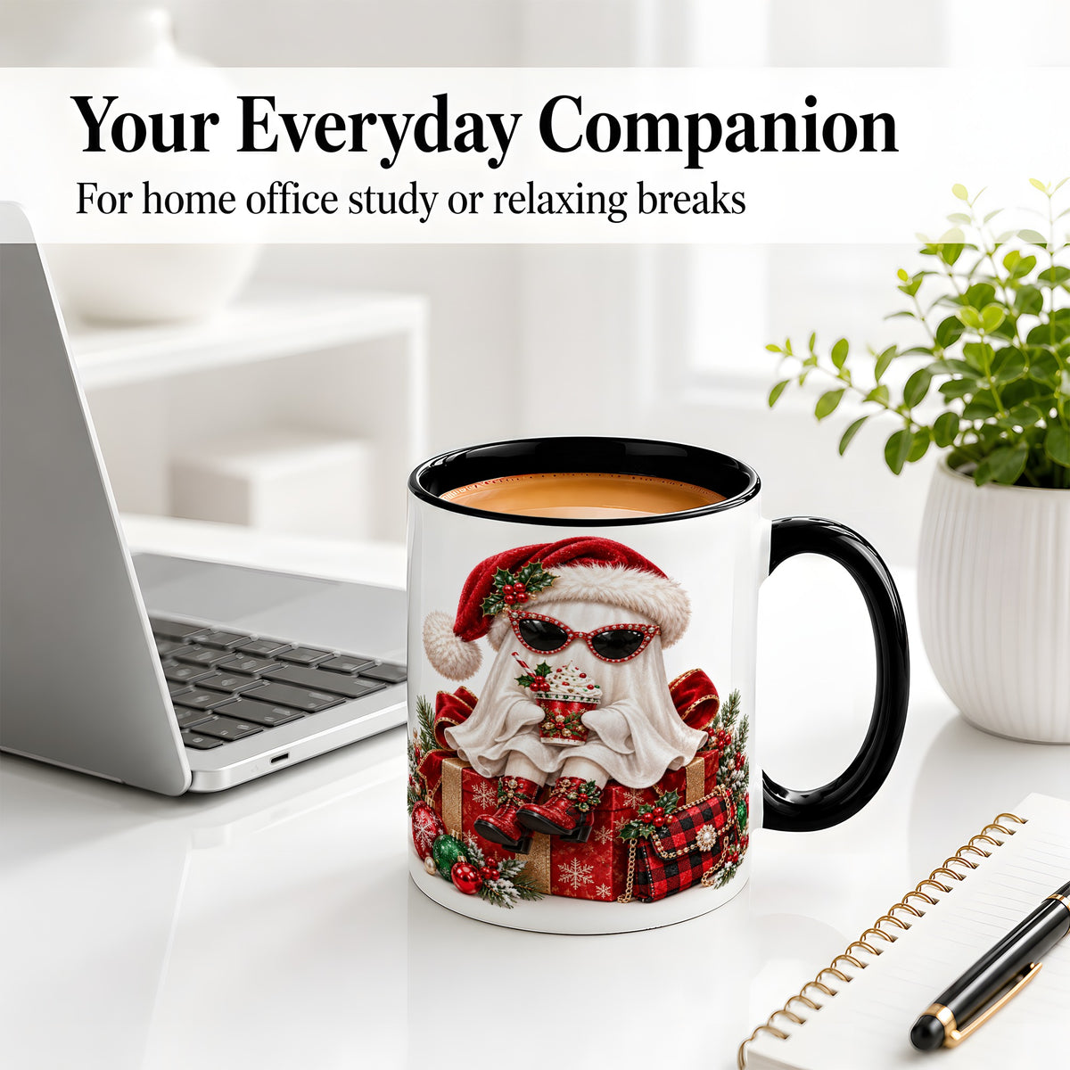 #pl[11oz|Black] Christmas Ghost Ceramic Mug, Santa Hat and Sunglasses Holiday Art