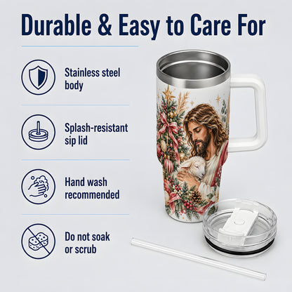 Jesus Good Shepherd 40oz Handled Tumbler, Christian Holiday Design