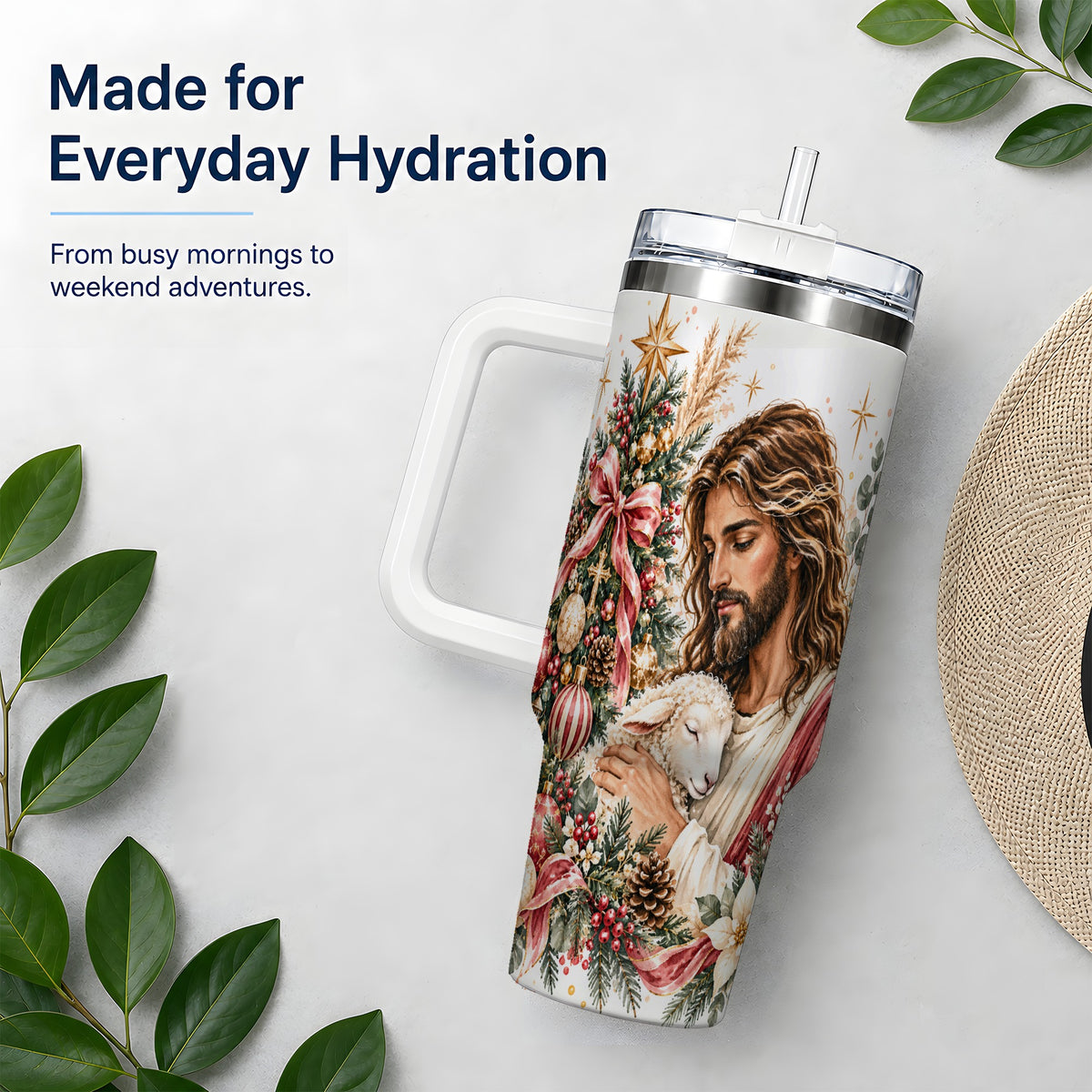 Jesus Good Shepherd 40oz Handled Tumbler, Christian Holiday Design