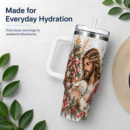 Jesus Good Shepherd 40oz Handled Tumbler, Christian Holiday Design