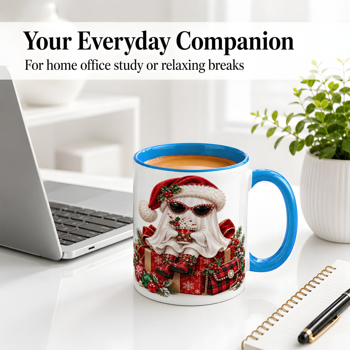 #pl[11oz|Blue] Christmas Ghost Ceramic Mug, Santa Hat and Sunglasses Holiday Art