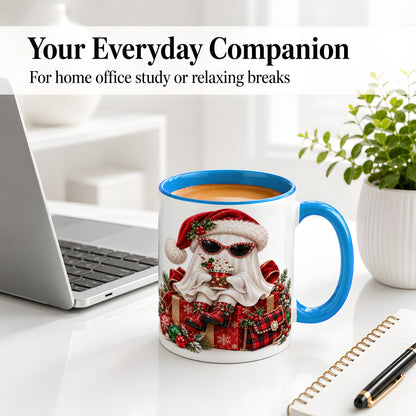 #pl[11oz|Blue] Christmas Ghost Ceramic Mug, Santa Hat and Sunglasses Holiday Art