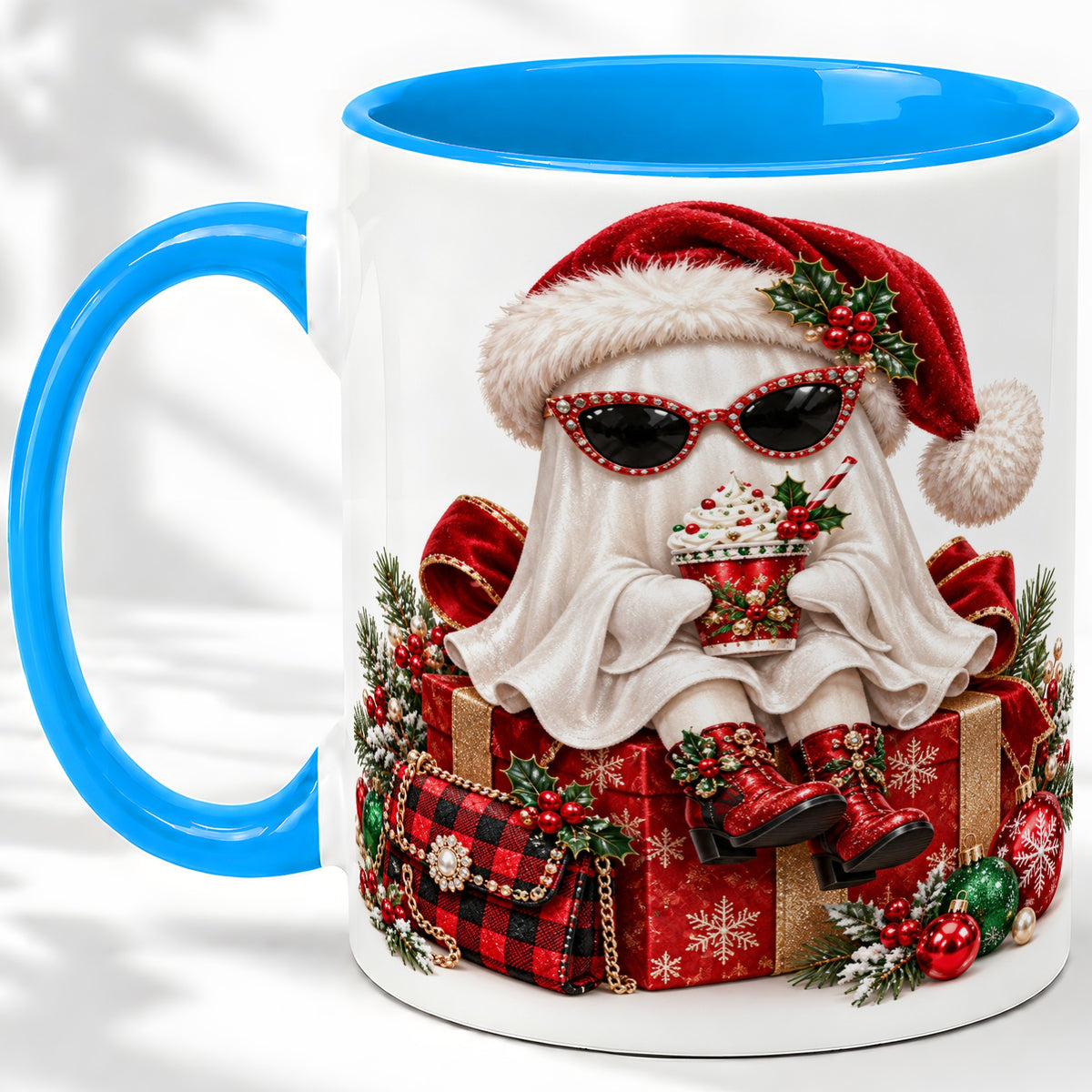 #pl[11oz|Blue] Christmas Ghost Ceramic Mug, Santa Hat and Sunglasses Holiday Art