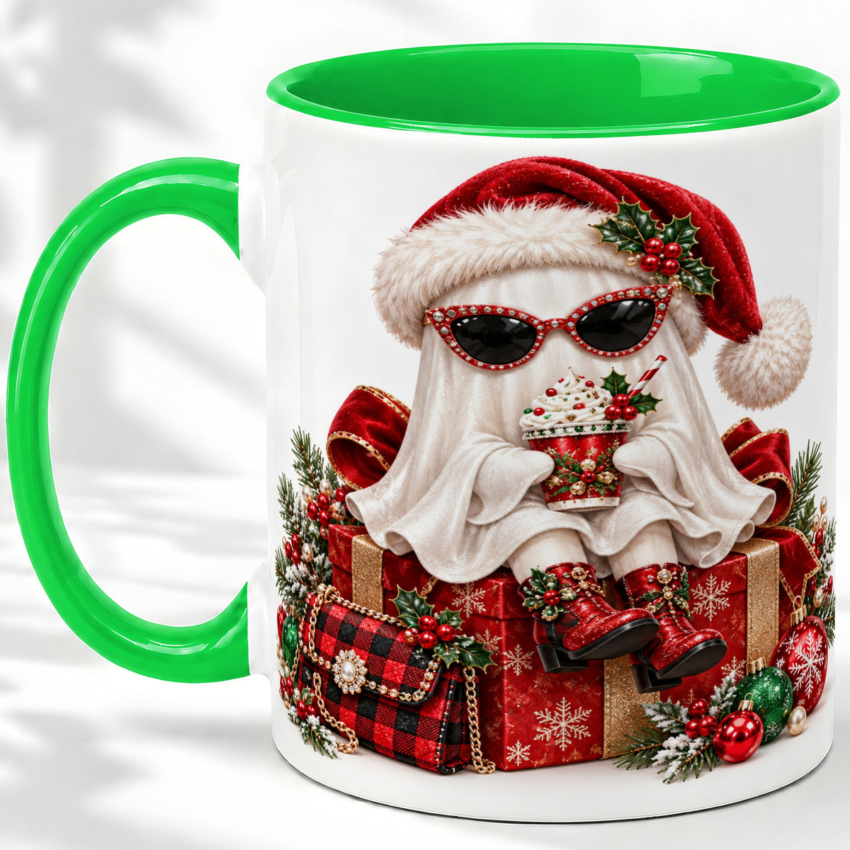 #pl[11oz|Green] Christmas Ghost Ceramic Mug, Santa Hat and Sunglasses Holiday Art