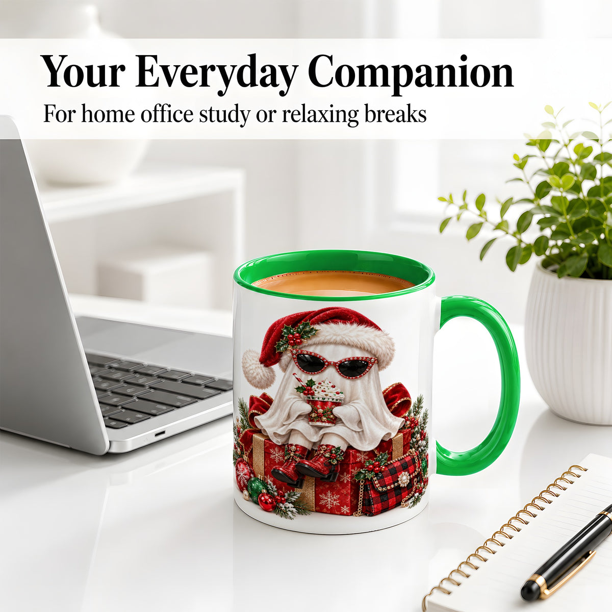 #pl[11oz|Green] Christmas Ghost Ceramic Mug, Santa Hat and Sunglasses Holiday Art