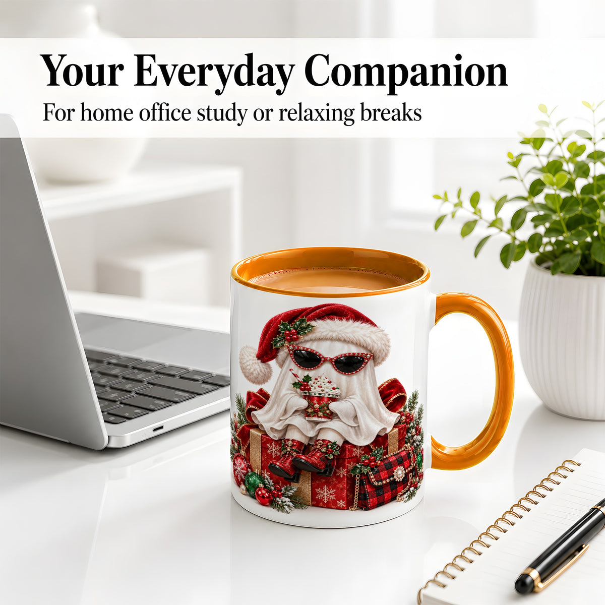 #pl[11oz|Orange] Christmas Ghost Ceramic Mug, Santa Hat and Sunglasses Holiday Art