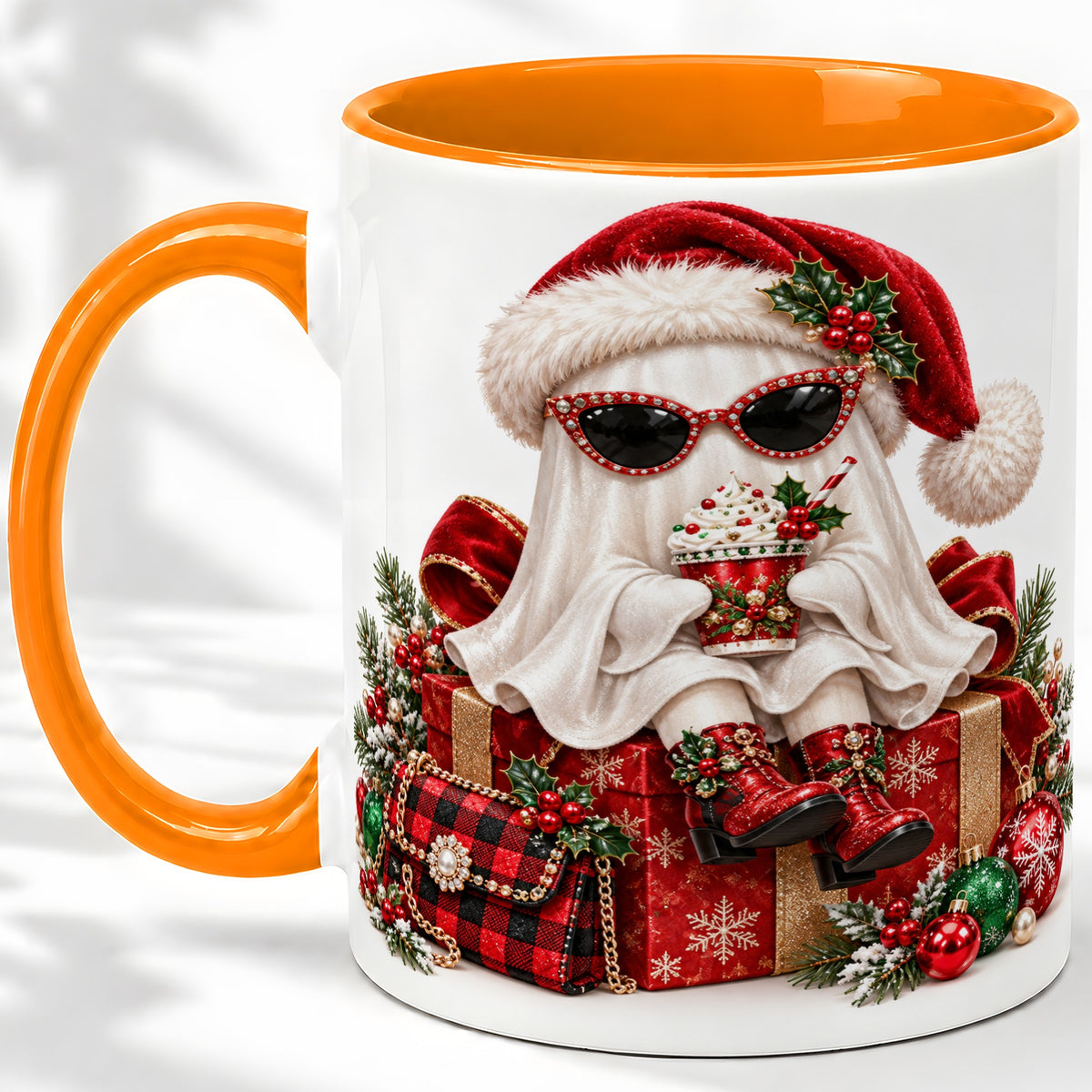 #pl[11oz|Orange] Christmas Ghost Ceramic Mug, Santa Hat and Sunglasses Holiday Art