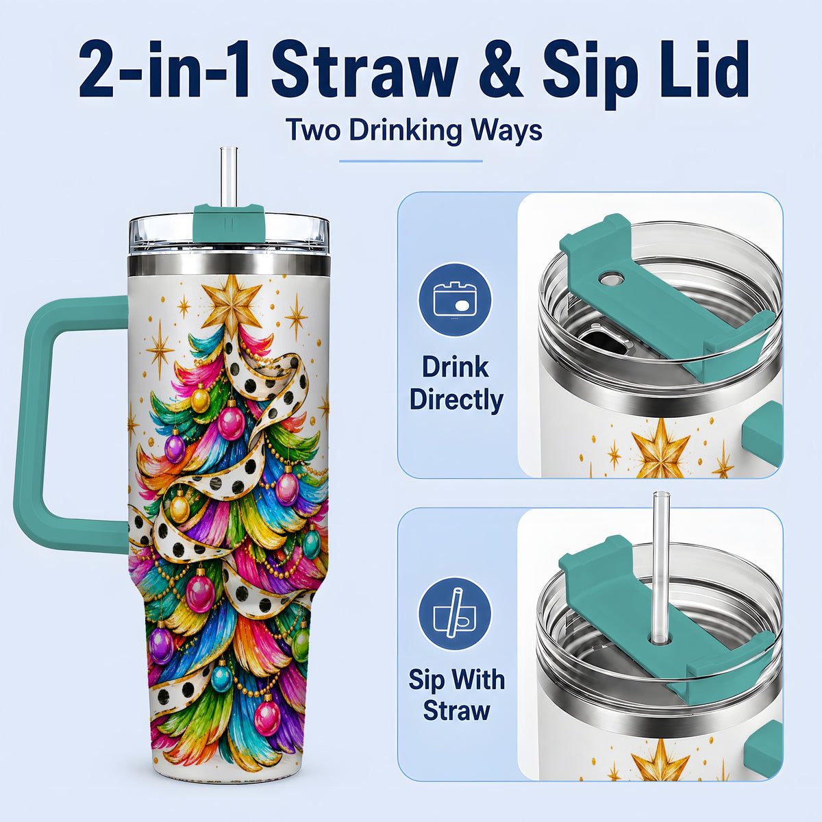 #pl[40oz|Green] Colorful Christmas Tree 40oz Handled Tumbler, Rainbow Festive Artwork