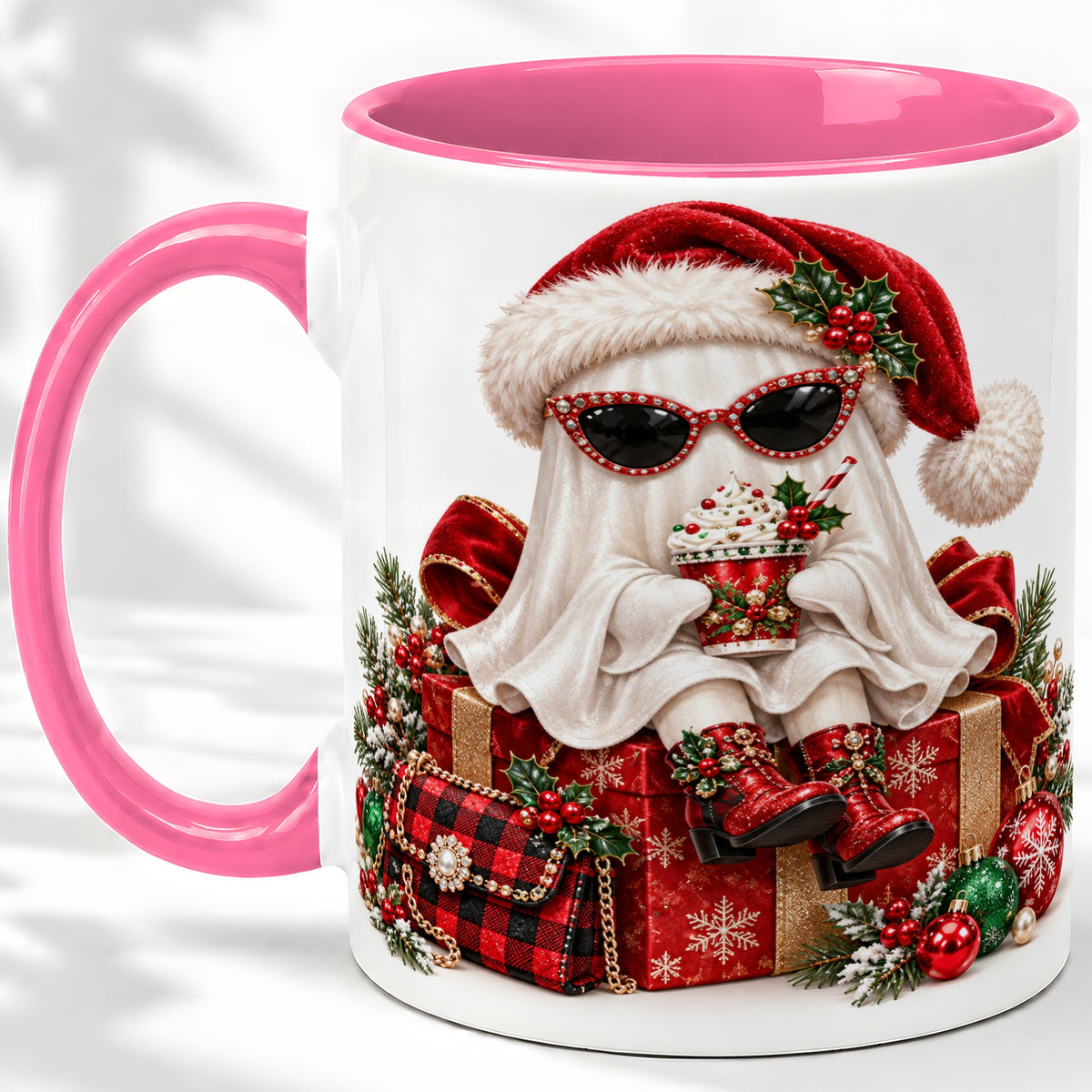 #pl[11oz|Pink] Christmas Ghost Ceramic Mug, Santa Hat and Sunglasses Holiday Art