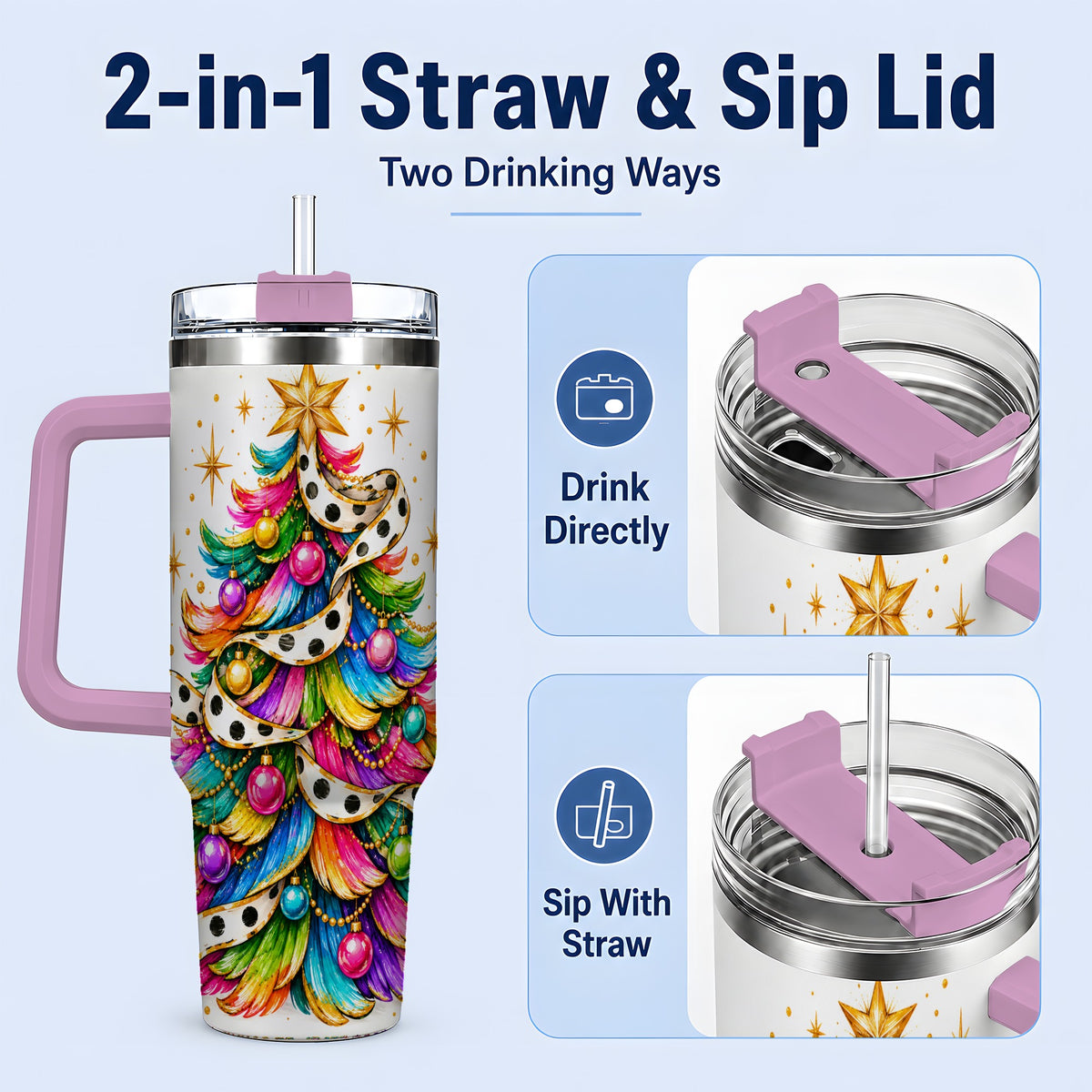 #pl[40oz|Pink] Colorful Christmas Tree 40oz Handled Tumbler, Rainbow Festive Artwork