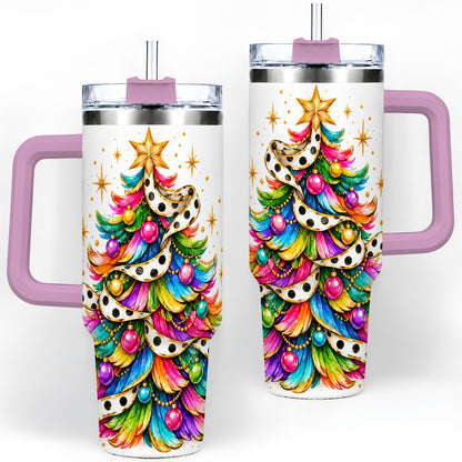 #pl[40oz|Pink] Colorful Christmas Tree 40oz Handled Tumbler, Rainbow Festive Artwork