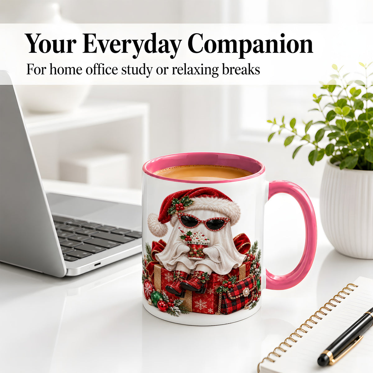 #pl[11oz|Pink] Christmas Ghost Ceramic Mug, Santa Hat and Sunglasses Holiday Art