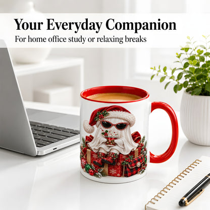 #pl[11oz|Red] Christmas Ghost Ceramic Mug, Santa Hat and Sunglasses Holiday Art
