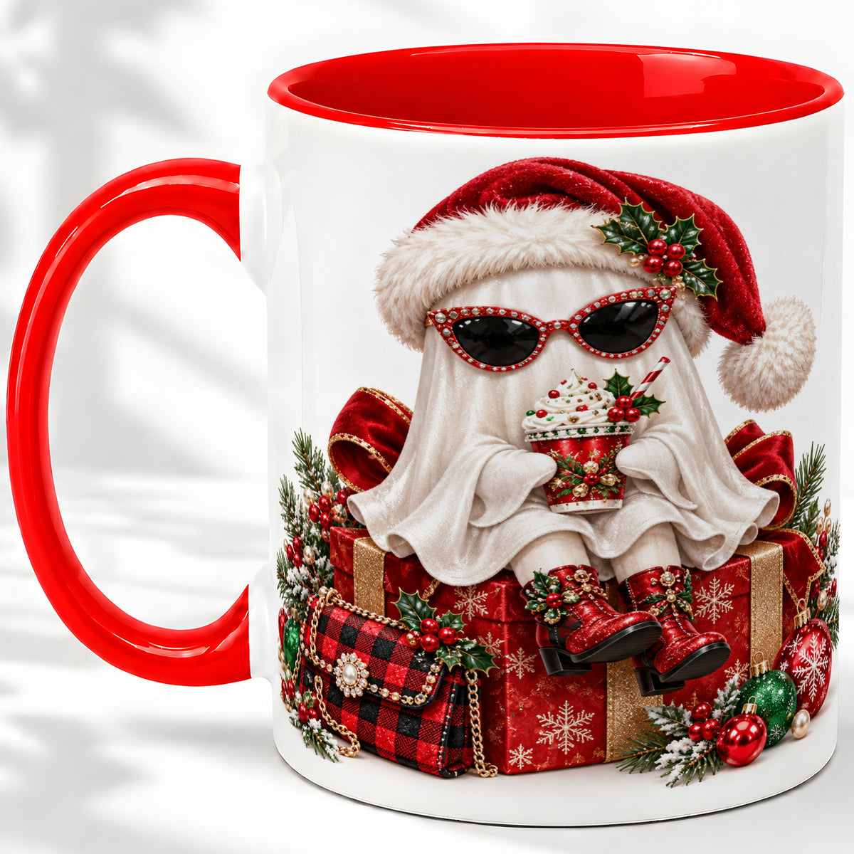 Christmas Ghost Ceramic Mug, Santa Hat and Sunglasses Holiday Art