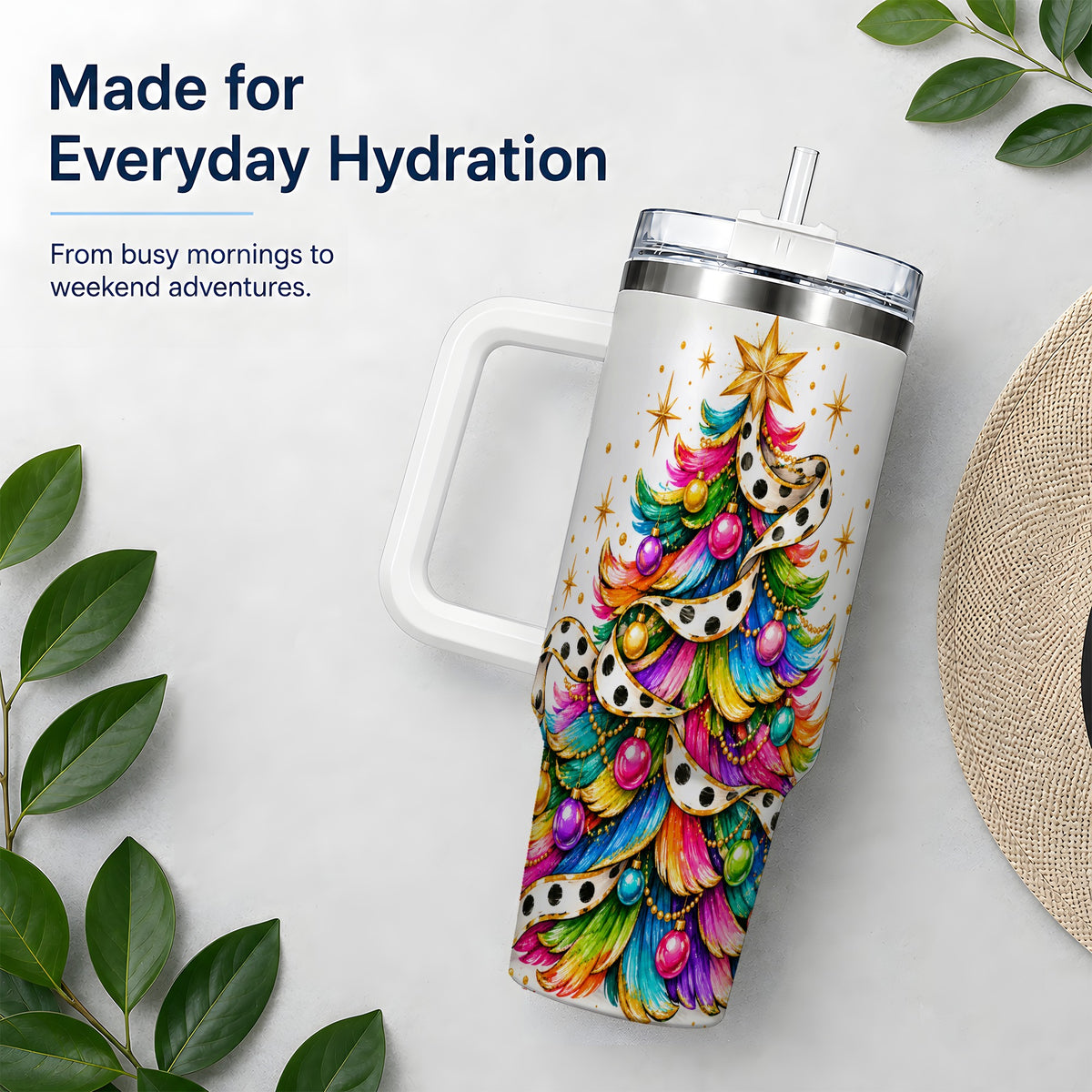 Colorful Christmas Tree 40oz Handled Tumbler, Rainbow Festive Artwork