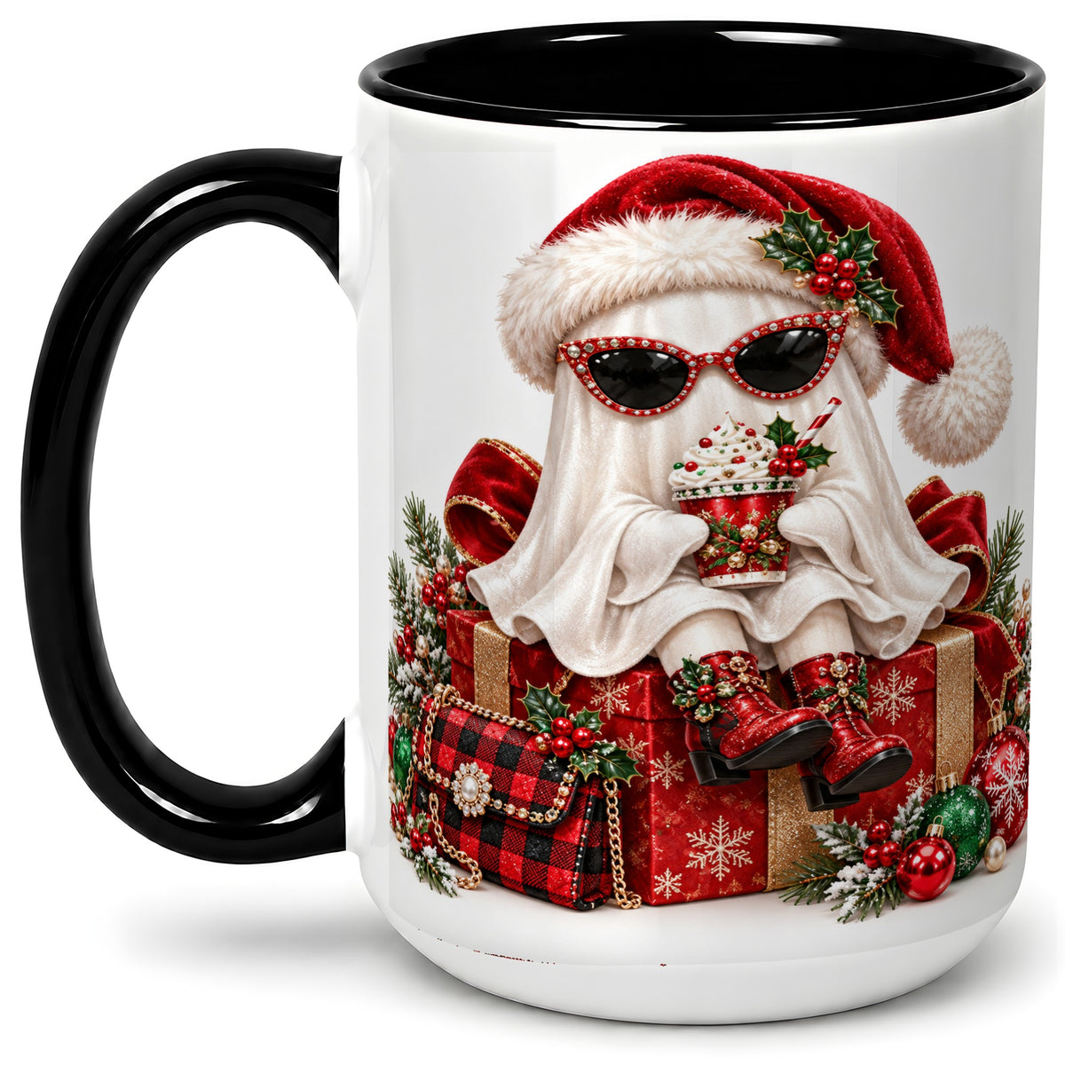 #pl[15oz|Black] Christmas Ghost Ceramic Mug, Santa Hat and Sunglasses Holiday Art