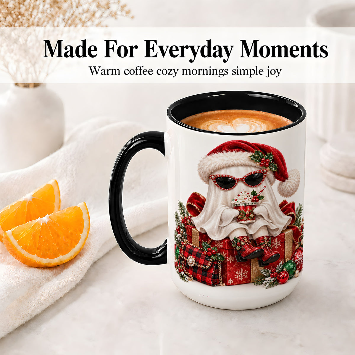 #pl[15oz|Black] Christmas Ghost Ceramic Mug, Santa Hat and Sunglasses Holiday Art