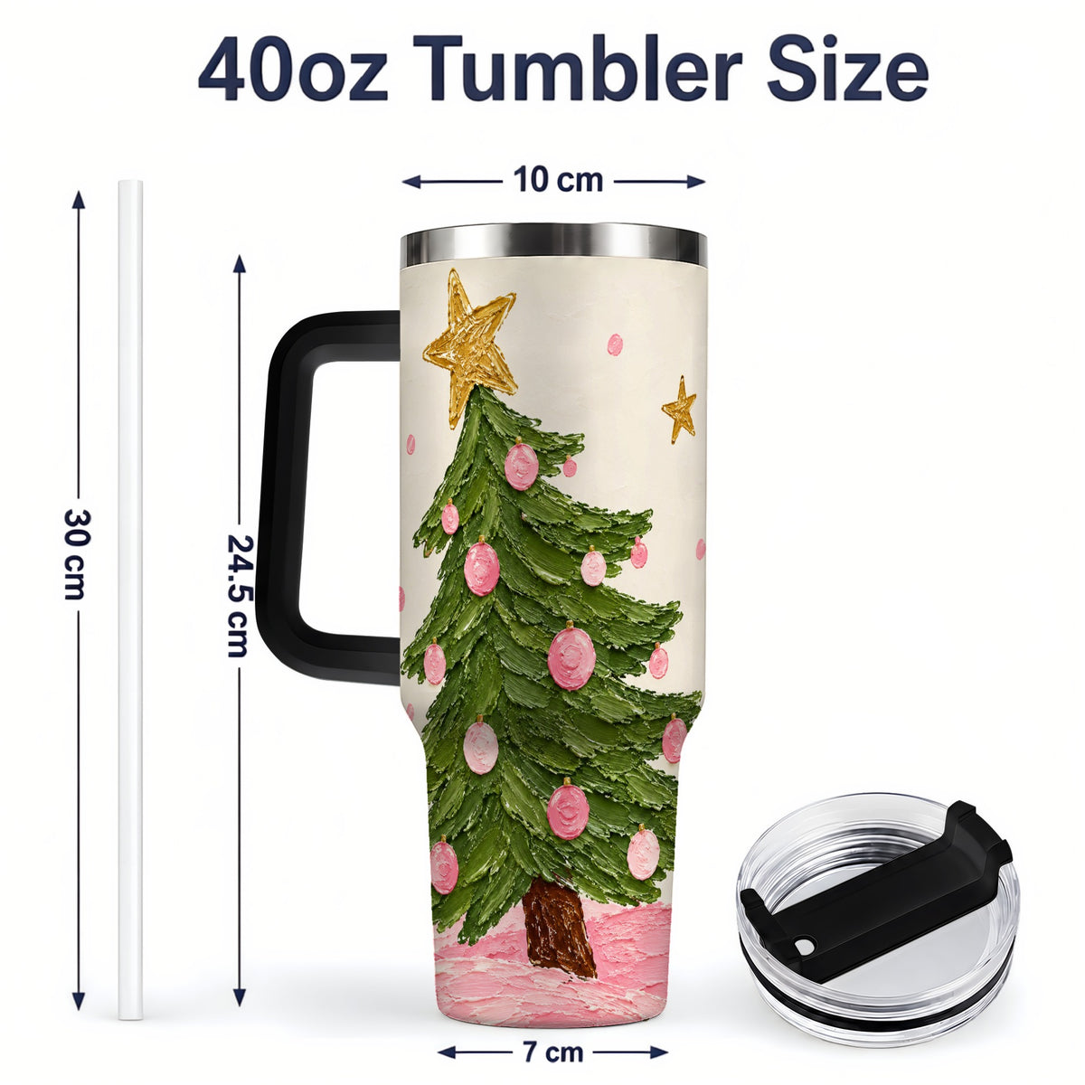 #pl[40oz|Black] Pink Christmas Tree 40oz Handled Tumbler, Painted Holiday Ornament Art