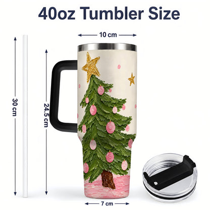 #pl[40oz|Black] Pink Christmas Tree 40oz Handled Tumbler, Painted Holiday Ornament Art