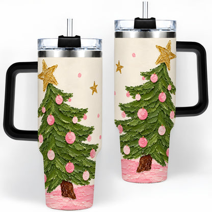 #pl[40oz|Black] Pink Christmas Tree 40oz Handled Tumbler, Painted Holiday Ornament Art