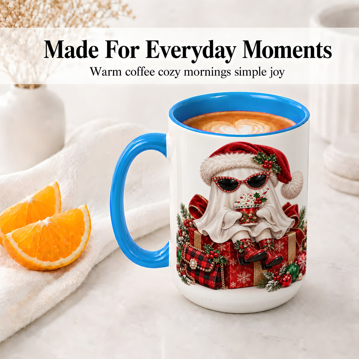 #pl[15oz|Blue] Christmas Ghost Ceramic Mug, Santa Hat and Sunglasses Holiday Art