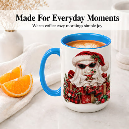 #pl[15oz|Blue] Christmas Ghost Ceramic Mug, Santa Hat and Sunglasses Holiday Art