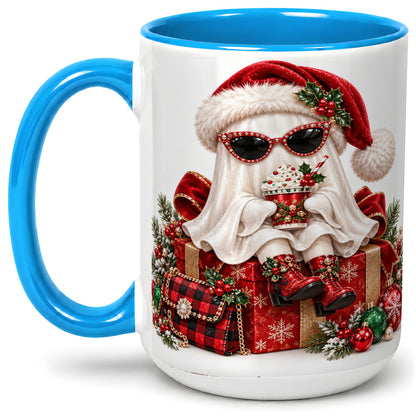 #pl[15oz|Blue] Christmas Ghost Ceramic Mug, Santa Hat and Sunglasses Holiday Art