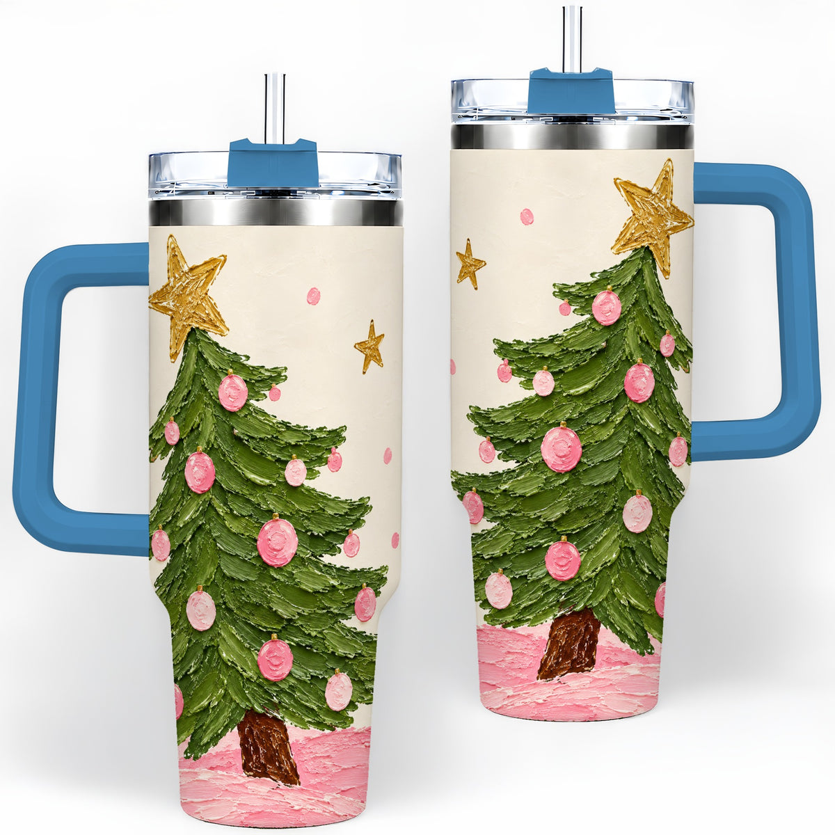#pl[40oz|Blue] Pink Christmas Tree 40oz Handled Tumbler, Painted Holiday Ornament Art