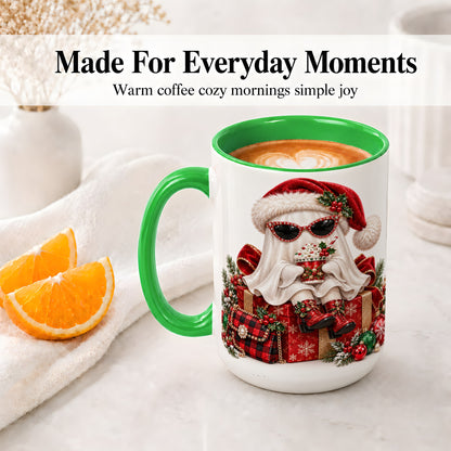 #pl[15oz|Green] Christmas Ghost Ceramic Mug, Santa Hat and Sunglasses Holiday Art