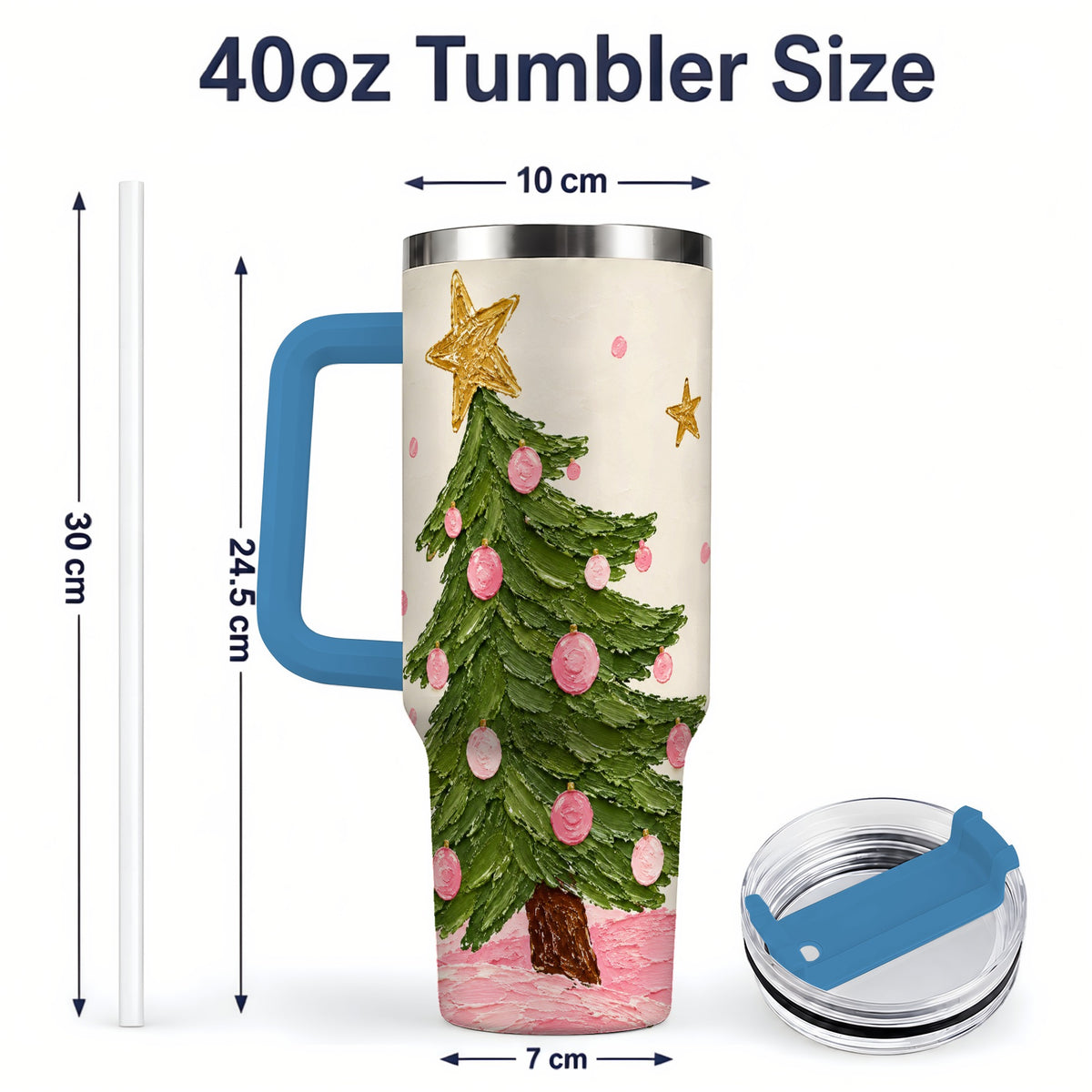 #pl[40oz|Blue] Pink Christmas Tree 40oz Handled Tumbler, Painted Holiday Ornament Art