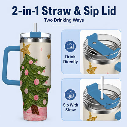 #pl[40oz|Blue] Pink Christmas Tree 40oz Handled Tumbler, Painted Holiday Ornament Art
