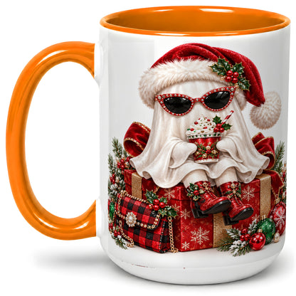 #pl[15oz|Orange] Christmas Ghost Ceramic Mug, Santa Hat and Sunglasses Holiday Art