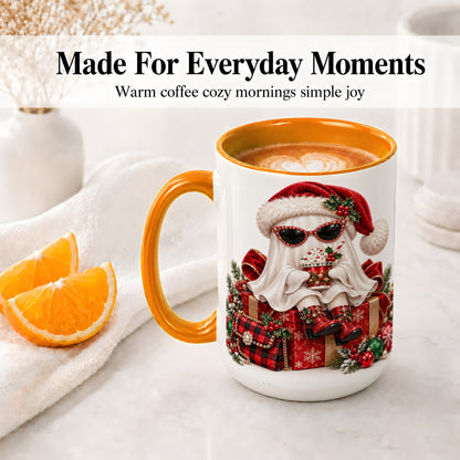 #pl[15oz|Orange] Christmas Ghost Ceramic Mug, Santa Hat and Sunglasses Holiday Art
